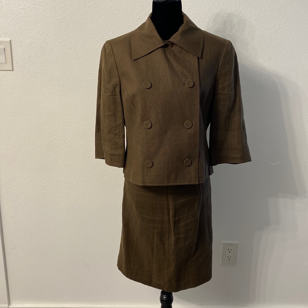 Brown Double Breasted Signature by Larry Levine 100% Linen Skirt Suit Size 12